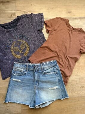 Zara Washed Purple Graphic Tee with Light Blue Denim Shorts